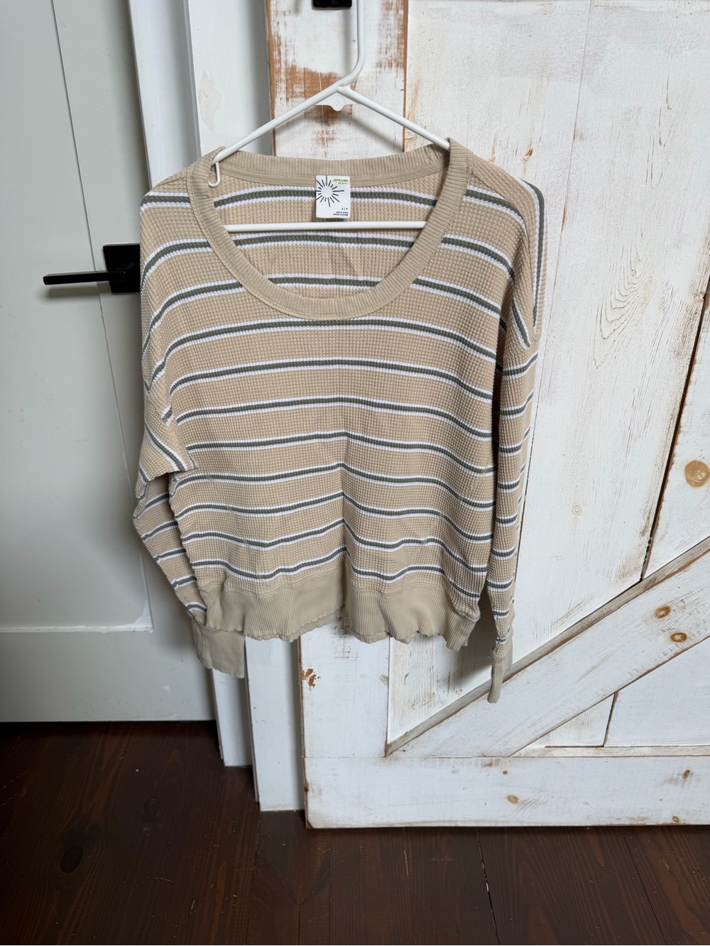 Aerie Offline Beige Striped Knit Top with Olive & White Accents